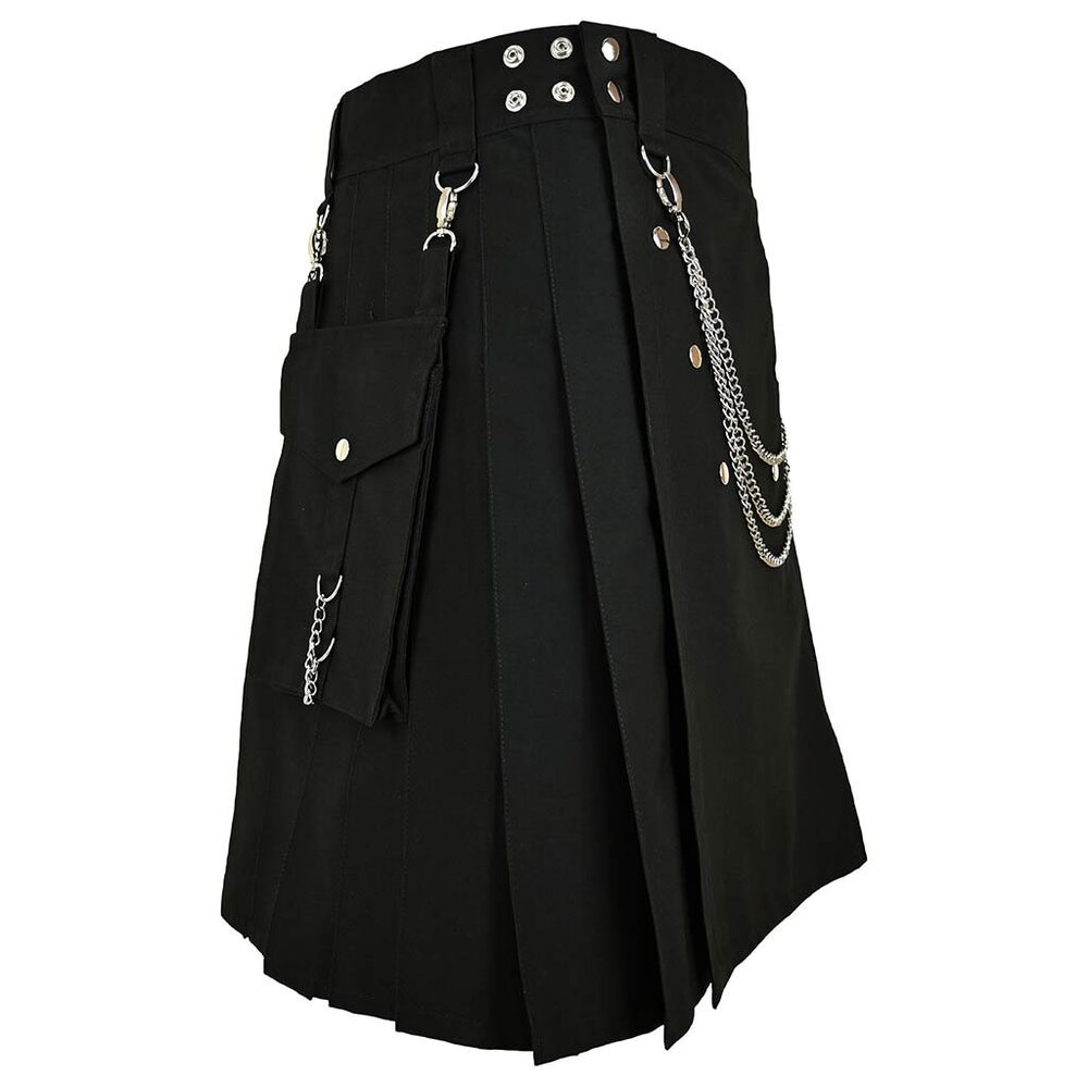 Cargo Utilty Kilt Black with Silver Chains Traditional Scottish Highlander Kilt